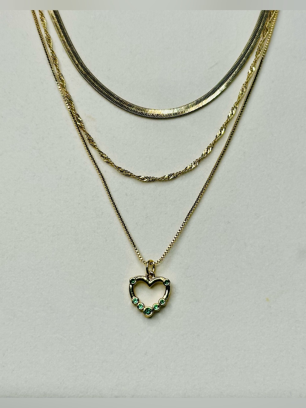Gold Plated Green CZ Heart Pendant Layered Necklace 3 Chain Set